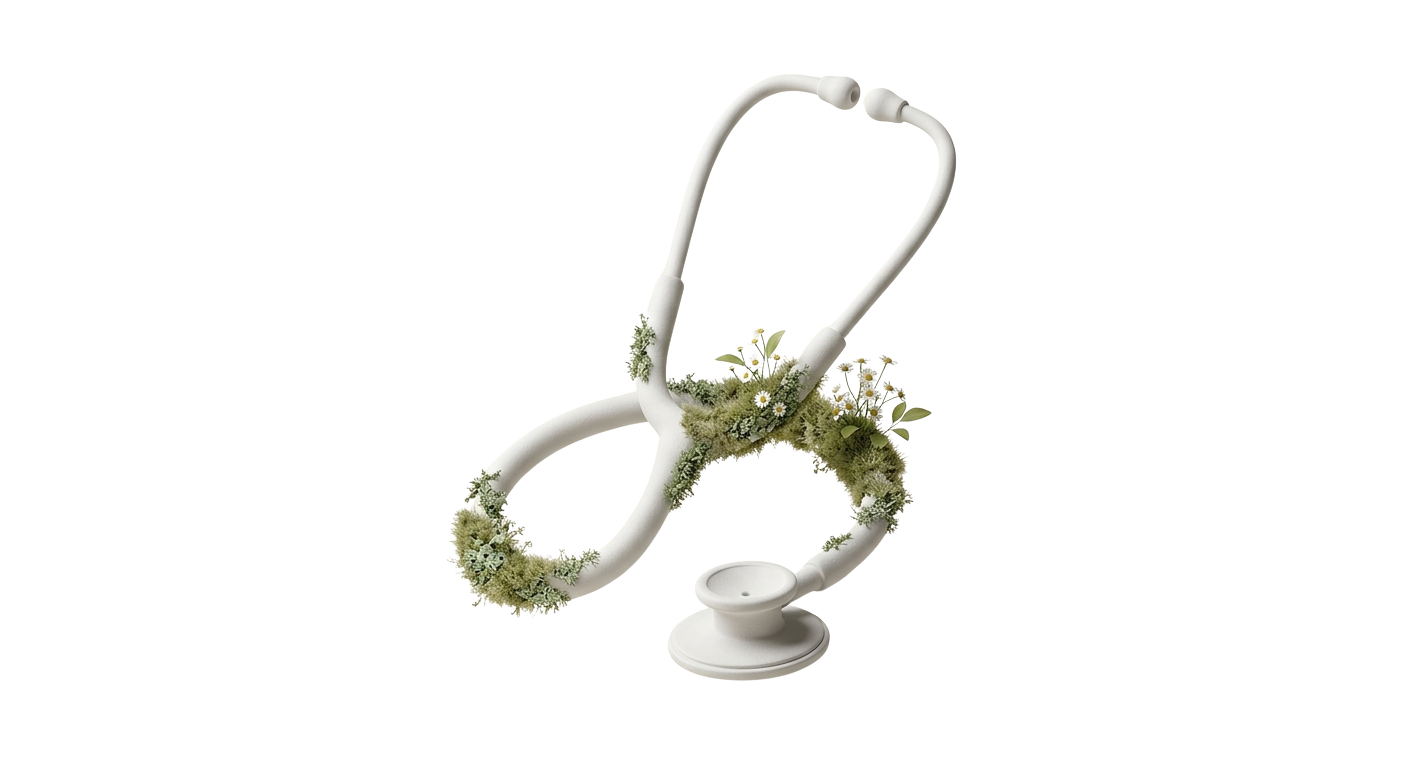Estetoscópio esculpido com musgo e flores