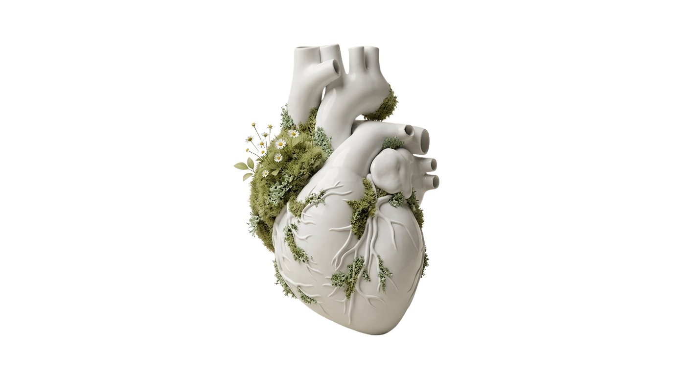 Coração de porcelana coberto de musgo e flores